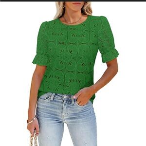 Luxveer Hollow Out Crochet 
 Short cinch sleeve Eyelet green shirt XL